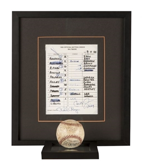 1995 Baltimore Orioles Official 9/4/95 Lineup Card and Game Used Baseball Signed by Cal Ripken Jr. (Day Before Tying Gehrig)